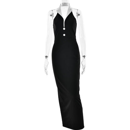 Spring Summer Elegant Collared Dress Sexy Backless Slit Slimming Dress