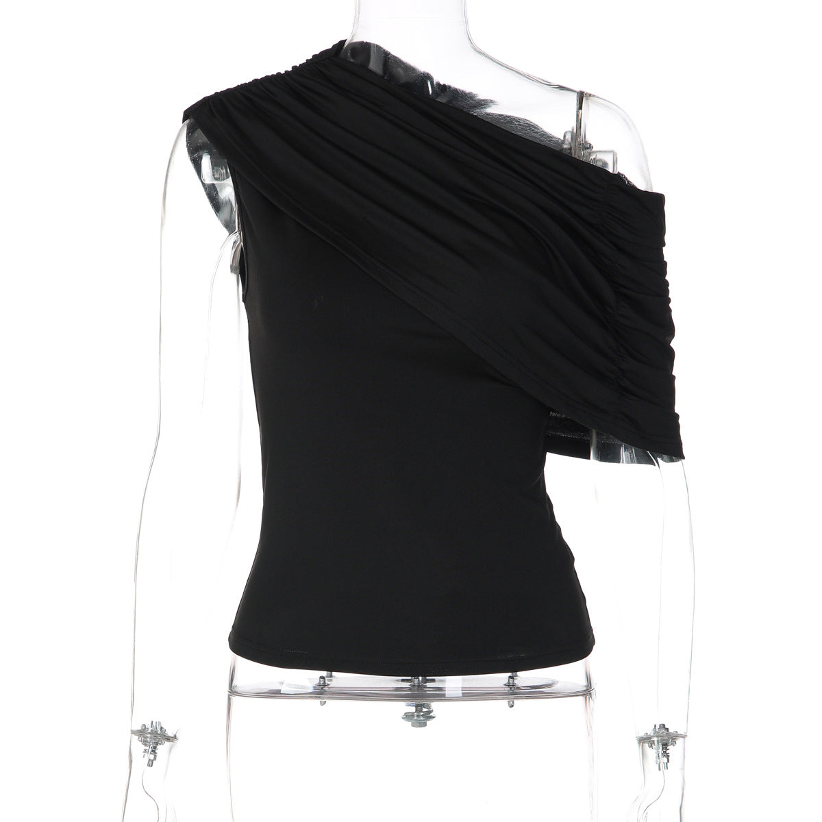 French Women Summer Waist Controlled Oblique Shoulder Pleated Shoulder T shirt Top