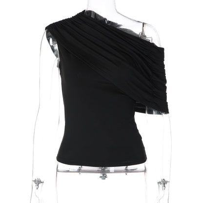 French Women Summer Waist Controlled Oblique Shoulder Pleated Shoulder T shirt Top
