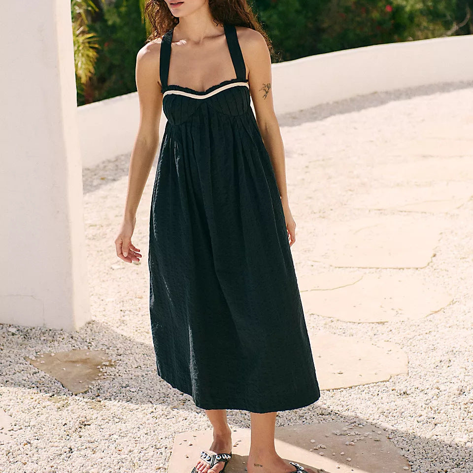 Summer Sweet Multicolor Flounce Trim Lace up Backless Seaside Vacation Dress