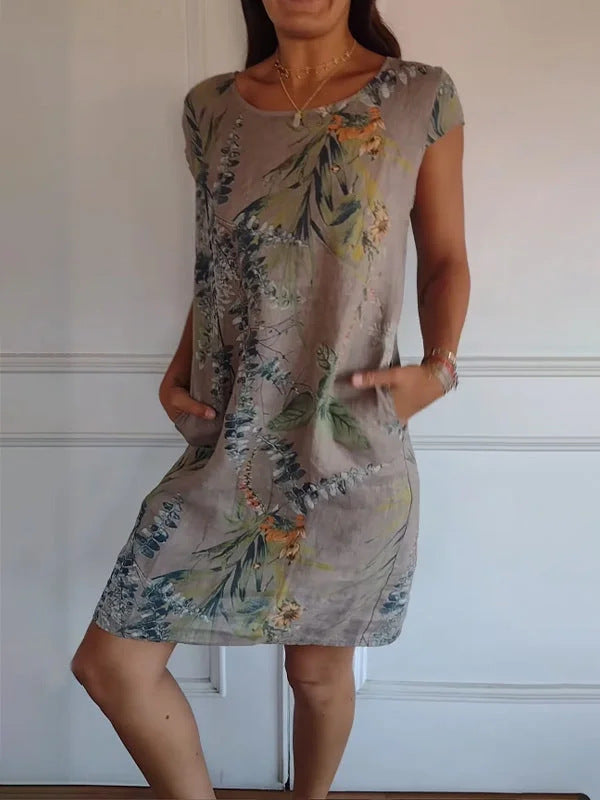 Women Clothing Summer Cotton Linen round Neck Printed with Pocket