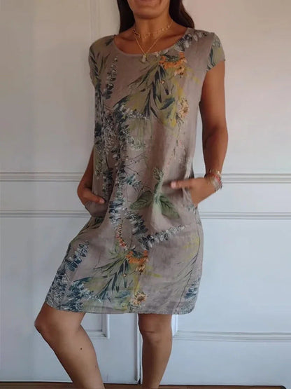 Women Clothing Summer Cotton Linen round Neck Printed with Pocket