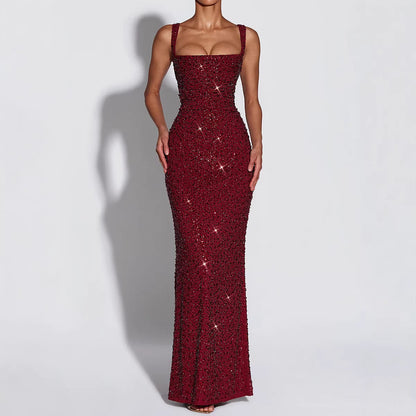 Women Clothing Dress Sequin Sling Evening Dress Dinner Sexy Dress Slim Fit Backless Maxi Dress