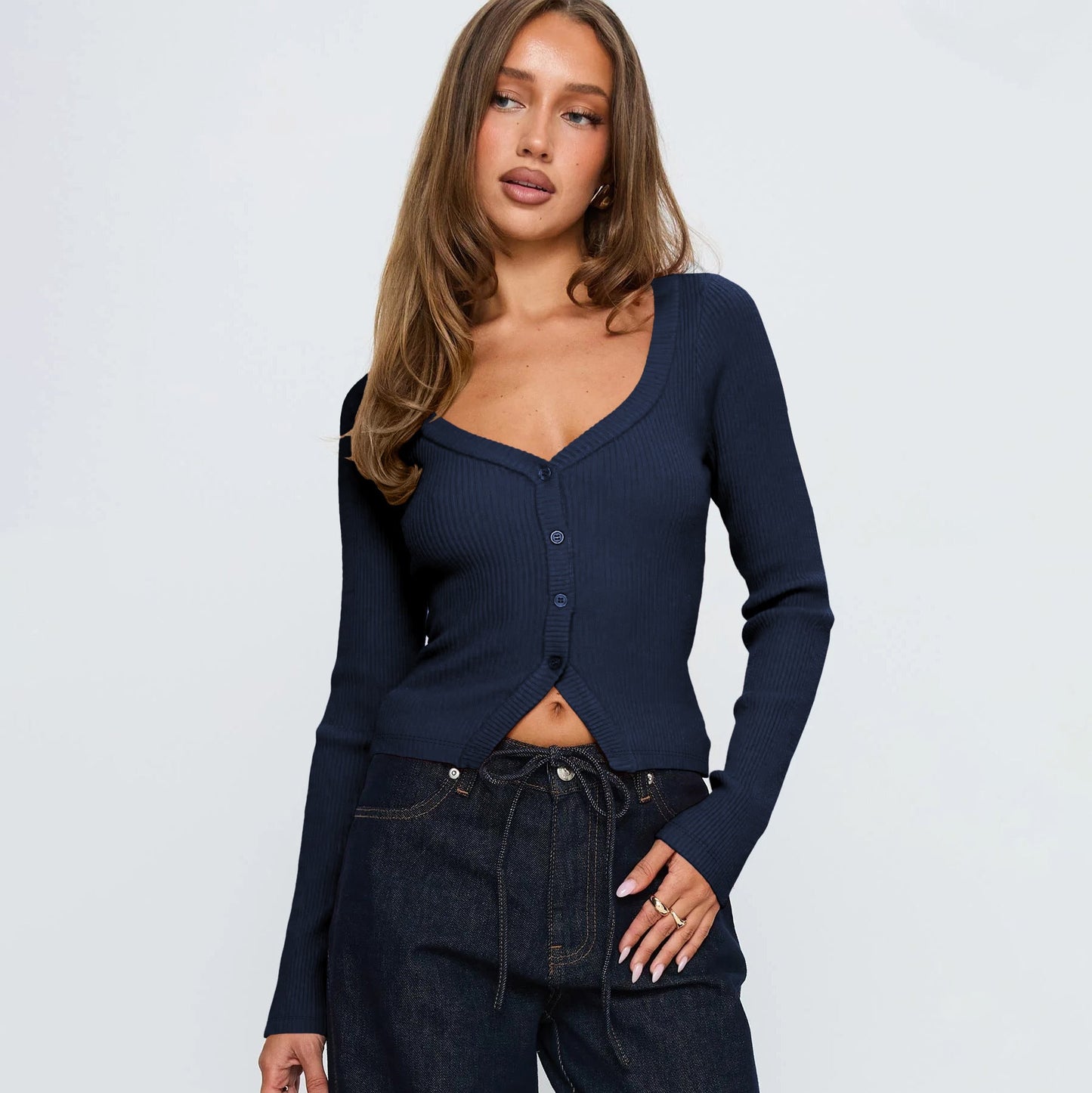 Women Fall Winter V neck Long Sleeve Ribbed Button Cardigan Slim Fit