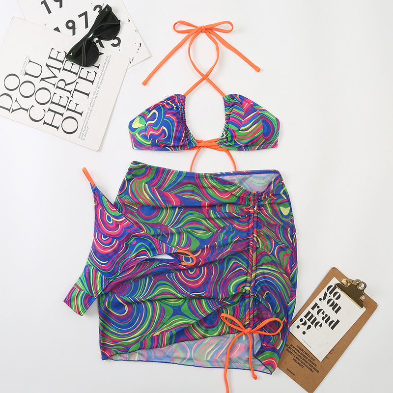 Mesh Women Split Strap Triangle Sexy Bikini Halter Swimsuit