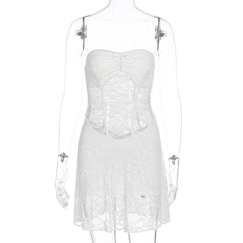 Summer Women Sexy Lace Stitching Tube Top Slim Fit See through Dress