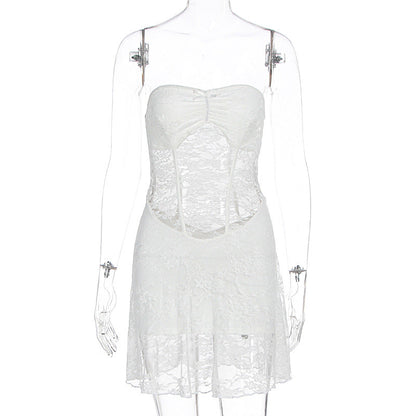 Summer Women Sexy Lace Stitching Tube Top Slim Fit See through Dress