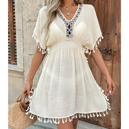 Hollow Out Cutout Hand Crocheting Circle Collar Edge Fimbrilla Skirt Waist Tight Comfortable Sun Protection Seaside Vacation Smock Dress