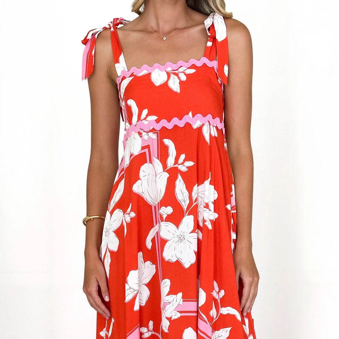 Small Floral Wave Strap Halter A line Dress Women