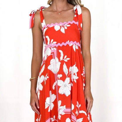 Small Floral Wave Strap Halter A line Dress Women
