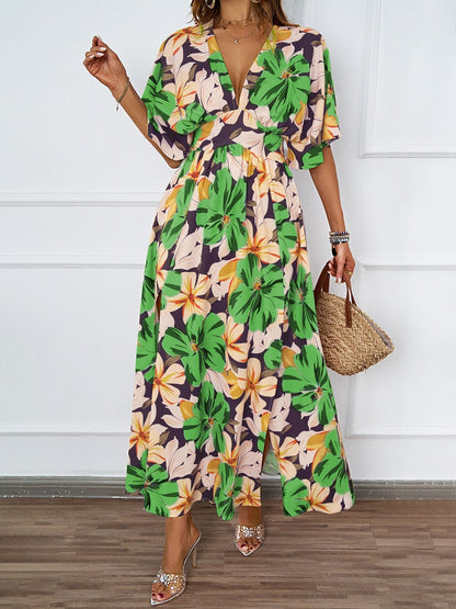 Summer Floral Print Maxi Dress Elastic Band Waist Tight Big V neck Short Sleeve Dress for Women