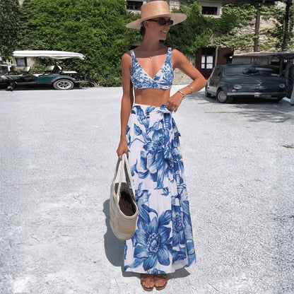 Bikini Blue Color Floral Vacation Split Swimsuit Women
