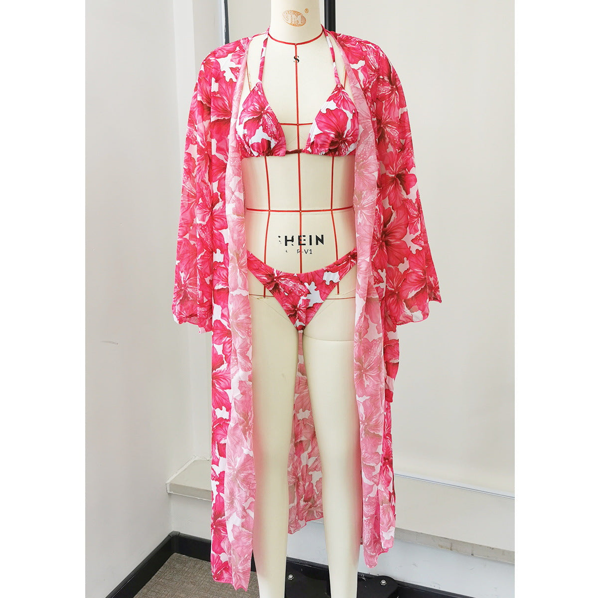 Vintage Floral Print Long Sleeves Blouse Outer Bikini Strap Sexy Backless Split Swimsuit Women