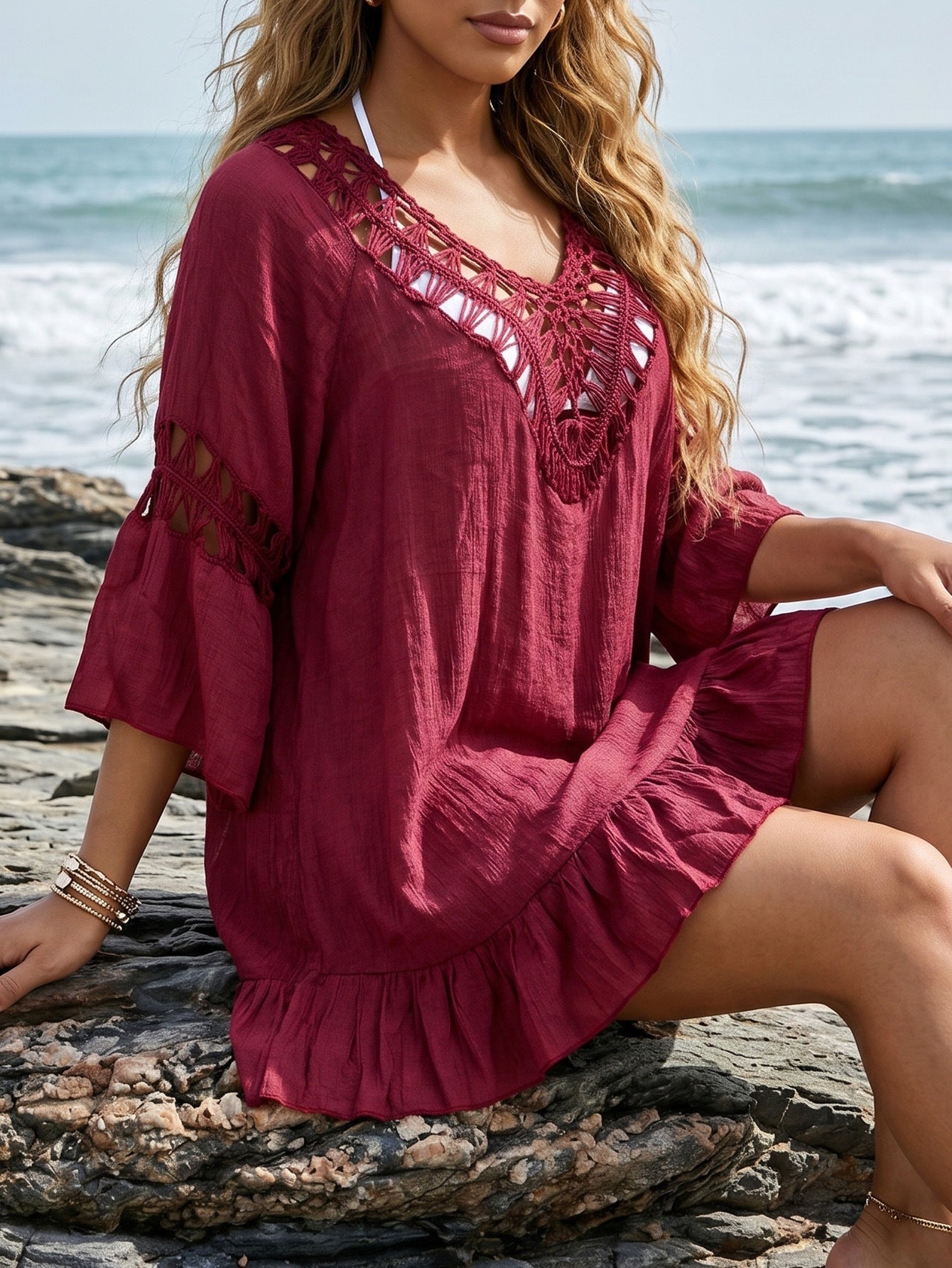 Women Clothing Hand Crochet Hollow Out Cutout out Stitching Ruffled 3/4 Sleeve Irregular Asymmetric Simple Beach Dress Blouse