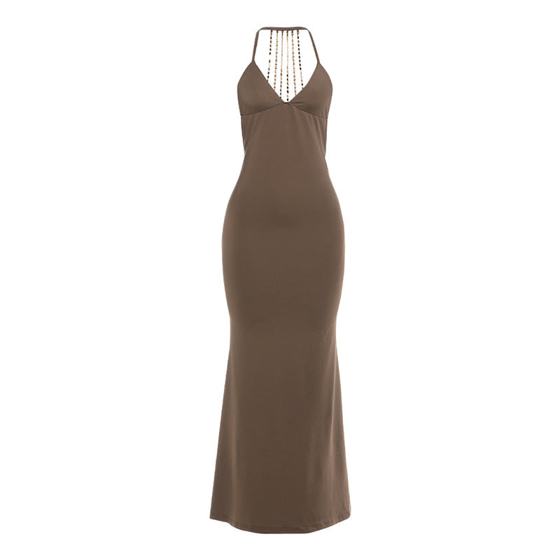 Summer Women Clothing Sexy V neck Backless Chain Slim Dress