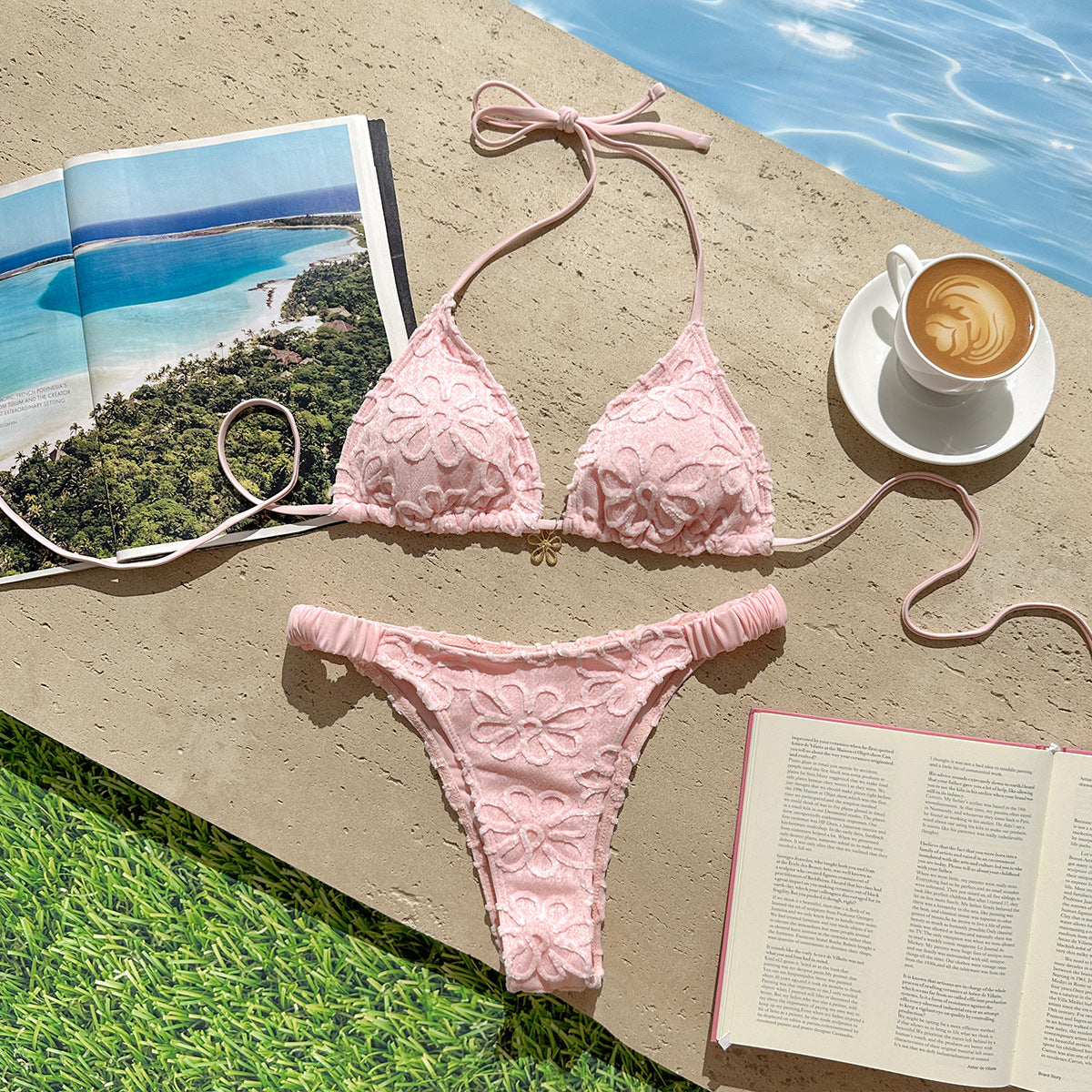 Sexy Floral Embroidery Lace Hollow Out Cutout Split Swimwear Swimsuit Bikini
