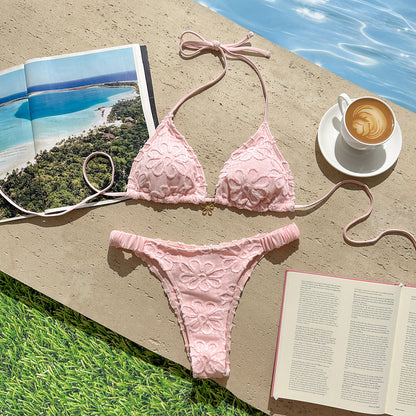 Sexy Floral Embroidery Lace Hollow Out Cutout Split Swimwear Swimsuit Bikini