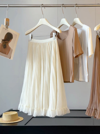 French Pleated Mesh Skirt Women Summer Wide Hem Loose High Waist Slimming Mid Length Yarn Skirt