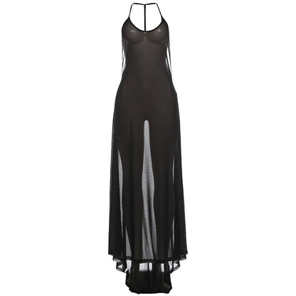 Women Spring Clothing V neck Halter Mesh Backless Sexy Solid Color Dress