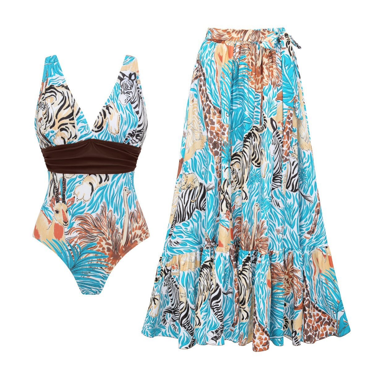 Swimsuit Blue Color Animal Print One Piece Swimsuit Women Long Skirt Two Piece Set