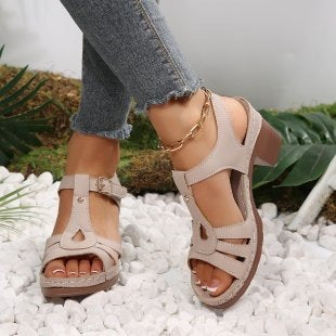 Wedge Open Toe Peep Toe Sandals Women Chunky Heel Buckle Hollow Out Cutout out Beach Slippers