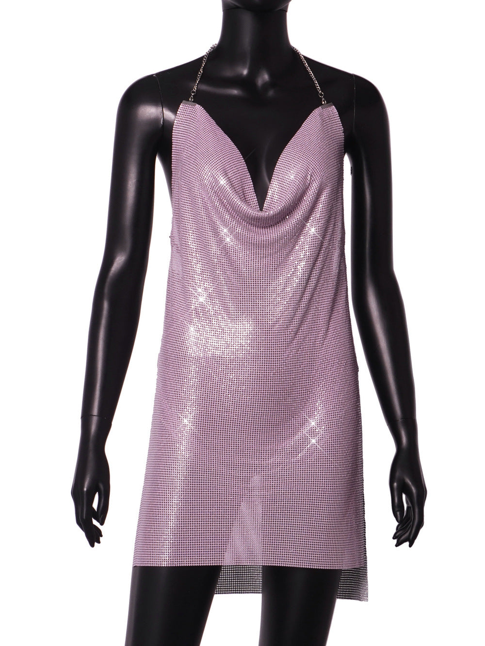 Backless Metal Sequ V neck Brace Halter Nightclub Split Dress