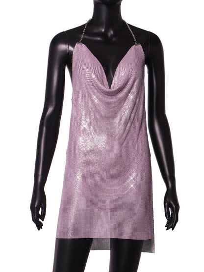 Backless Metal Sequ V neck Brace Halter Nightclub Split Dress