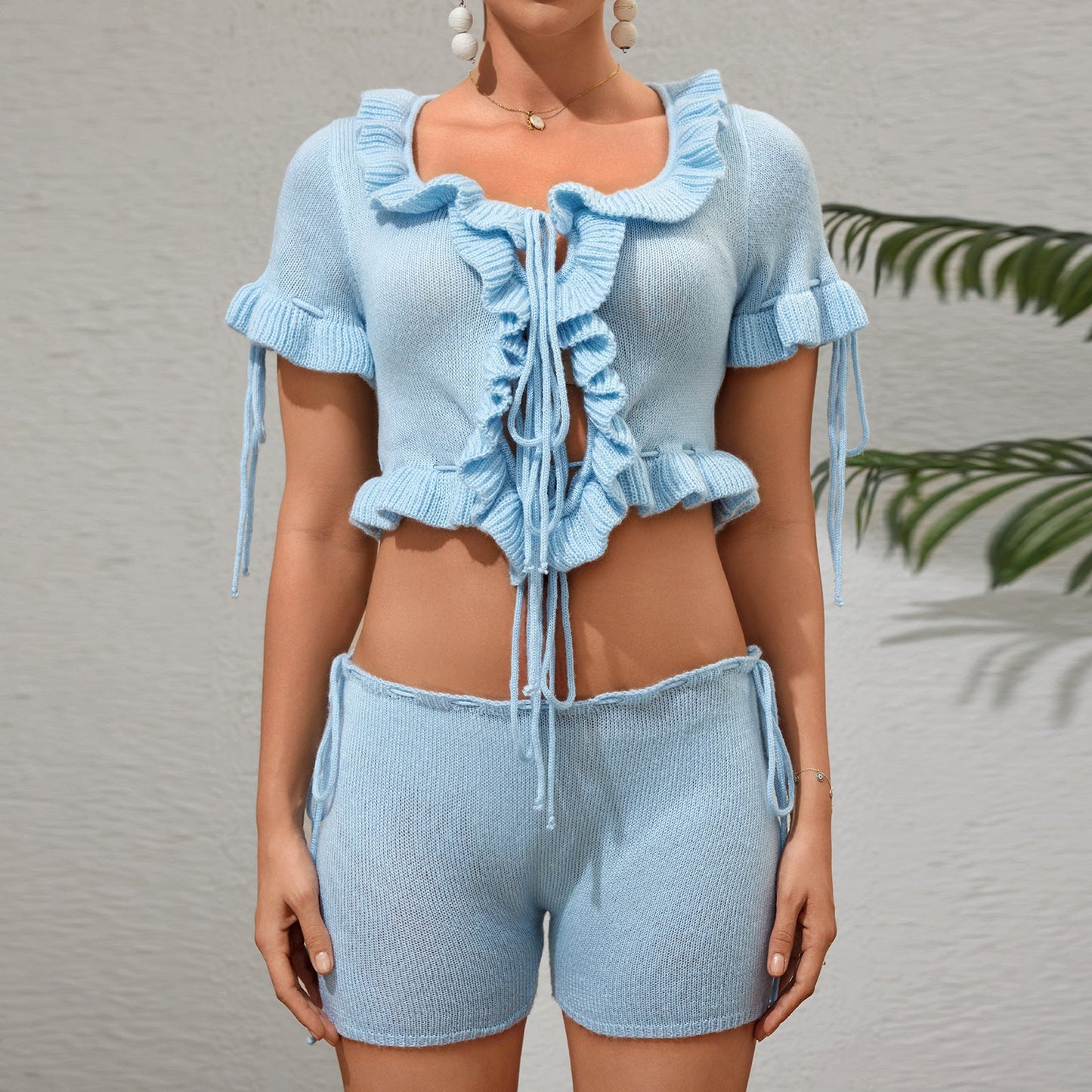 Spring Summer Casual Flounce Lace up Sexy Waist Hollow Out Cutout-out Short Short Sleeve Shirt Set