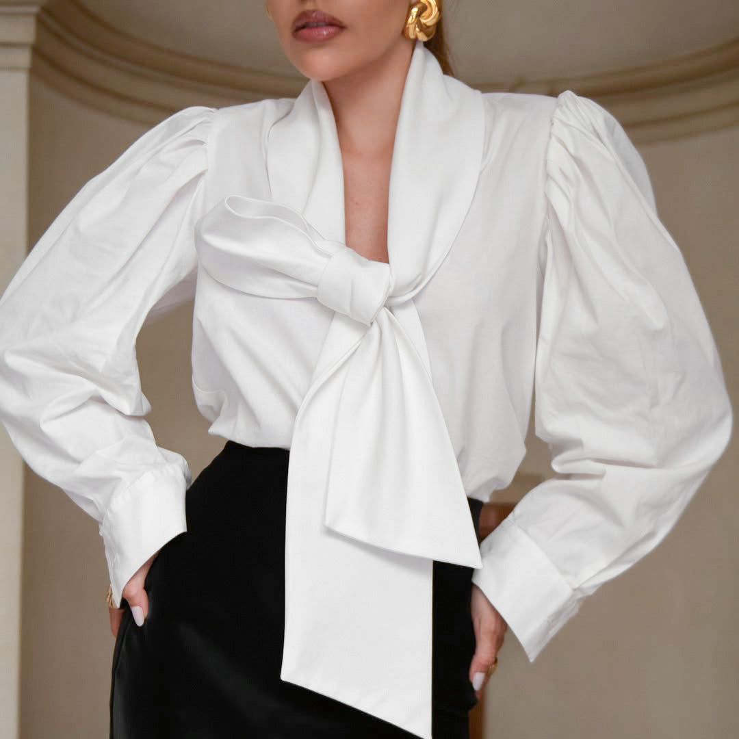Fall Pure Cotton Shirt Women Bow Bandage Loose Casual Long Sleeves All Matching Women Wear