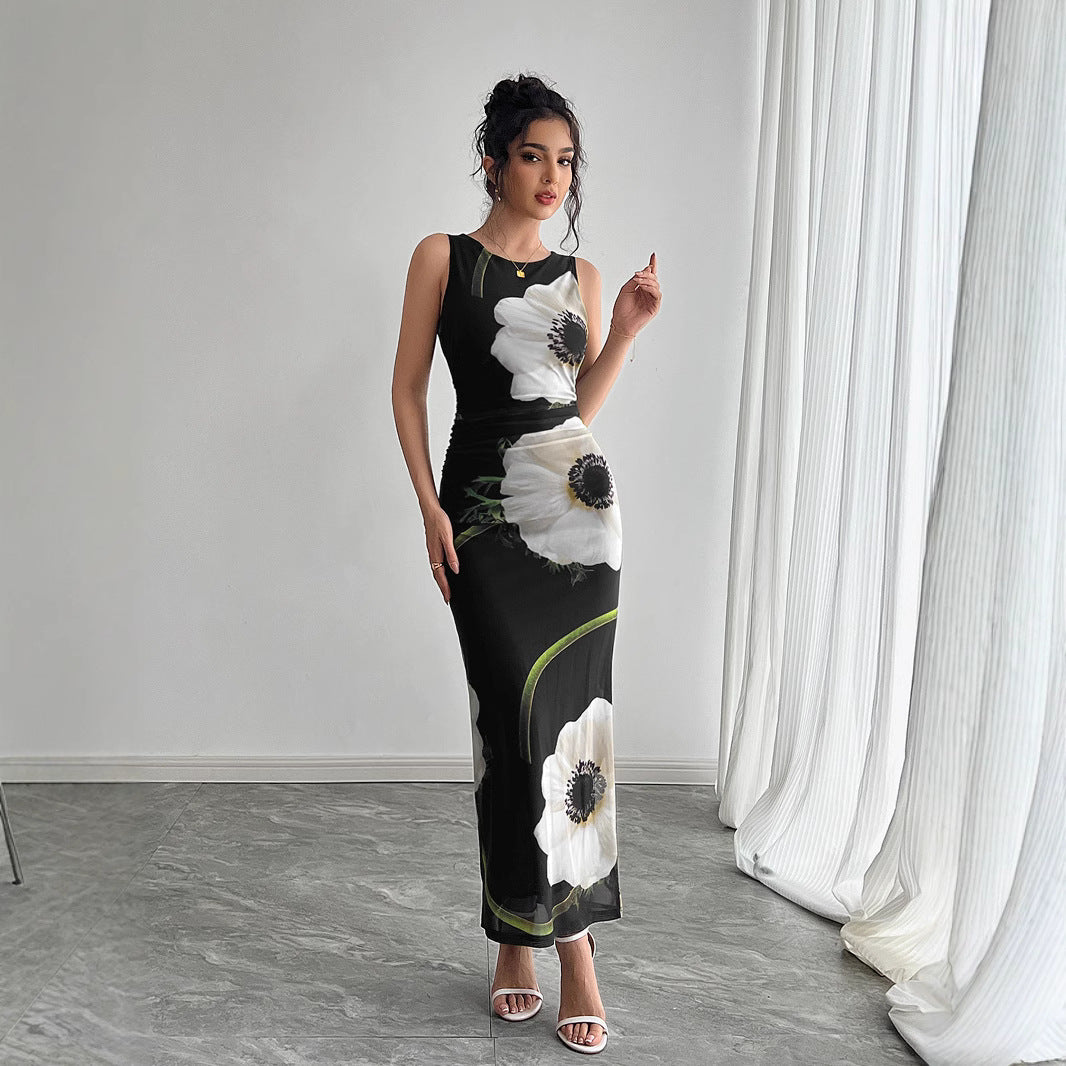 Spring Summer Women Black Mesh Floral Print Sleeveless Maxi Dress