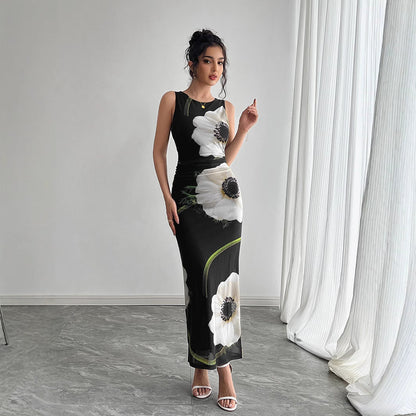 Spring Summer Women Black Mesh Floral Print Sleeveless Maxi Dress