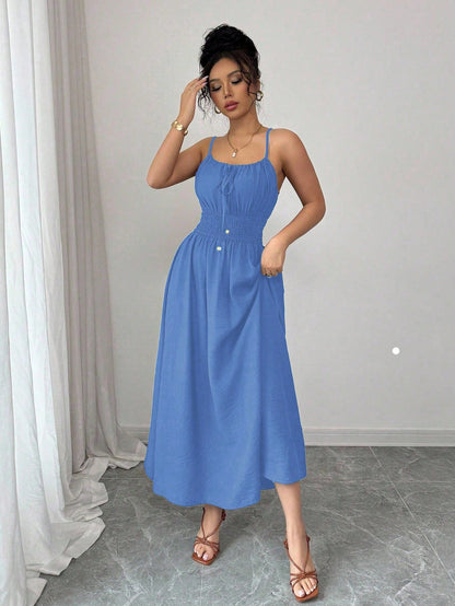 Design Tube Top Sleeveless Pleated Waist Solid Color Suspender Women Dress