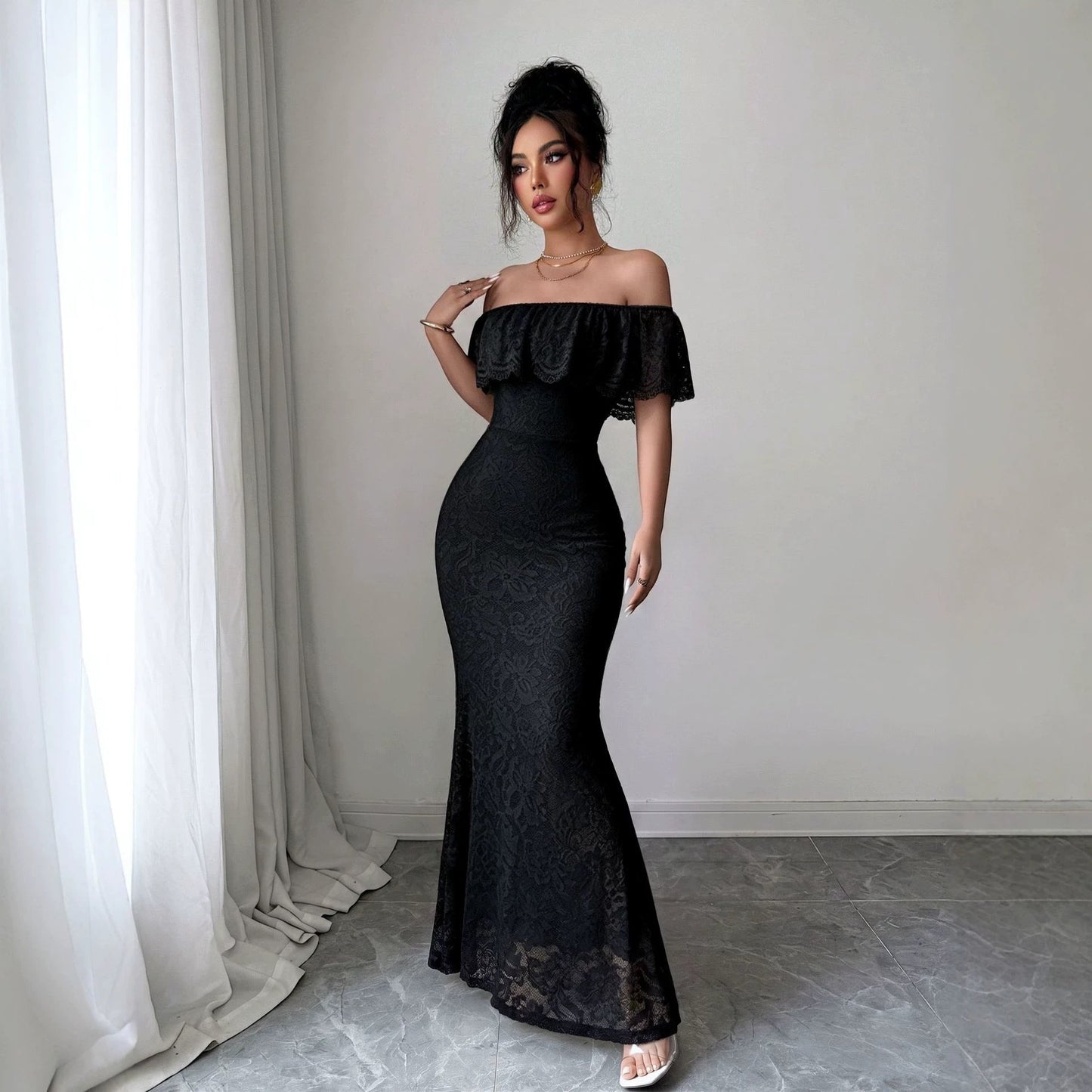 Autumn Elegant off Shoulder Ruffled Lace Patchwork Maxi Dress