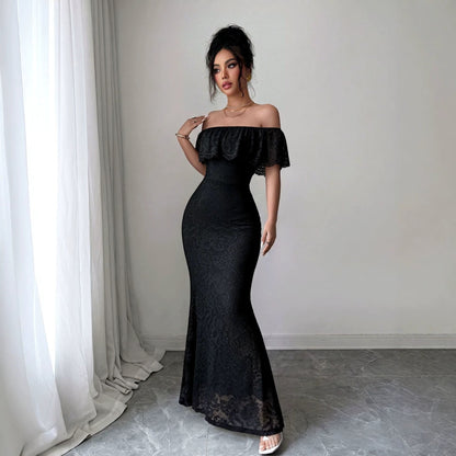 Autumn Elegant off Shoulder Ruffled Lace Patchwork Maxi Dress