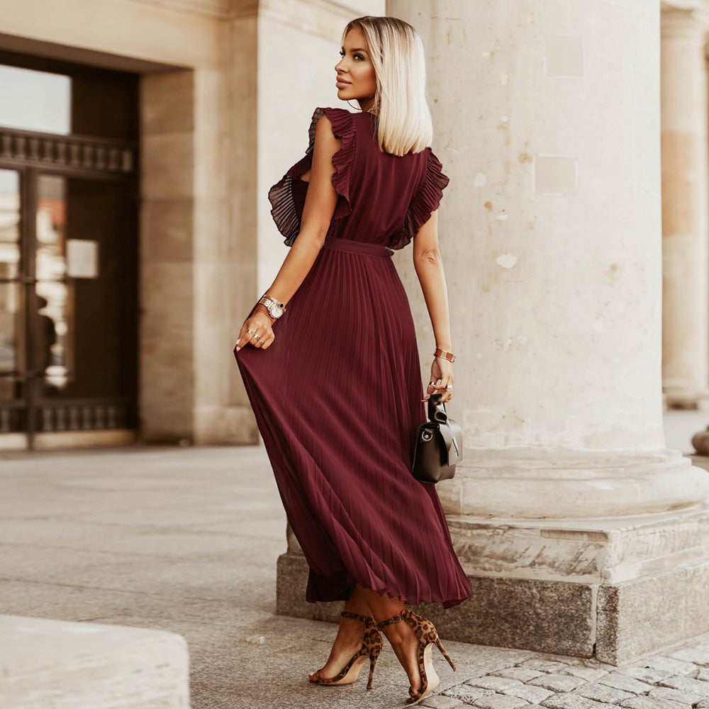 Elegant Beach Dress Fashionable Slim Fit Sexy Ruffle Sleeve Chiffon Pleated Solid Color Dress