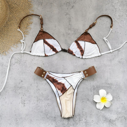 Three Point Low Waist Sexy Backless Lace up Bikini Stitching Printing Split Swimsuit Women