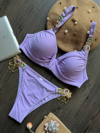 Gathering Steel Bracket Solid Color Bikini Sexy Crystal Diamond Swimsuit Split Swimwear Women