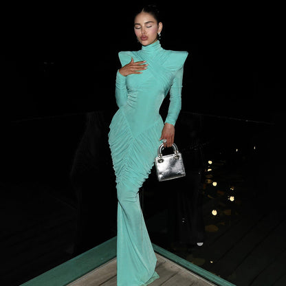 Fall Women Clothing Solid Color Turtleneck Backless Stitching Pleated Slim Fit Dress