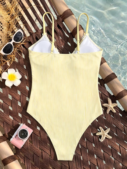 One Piece Swimsuit Plaid Striped Print Knotted Sexy Bikini Beach Women