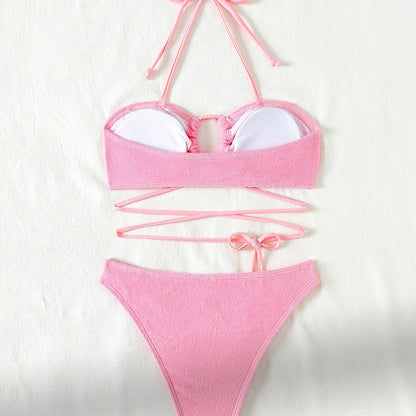 Split Swimsuit Women Hollow Out Cutout Sexy Bikini Triangle Two Piece Set Lace up Solid Color