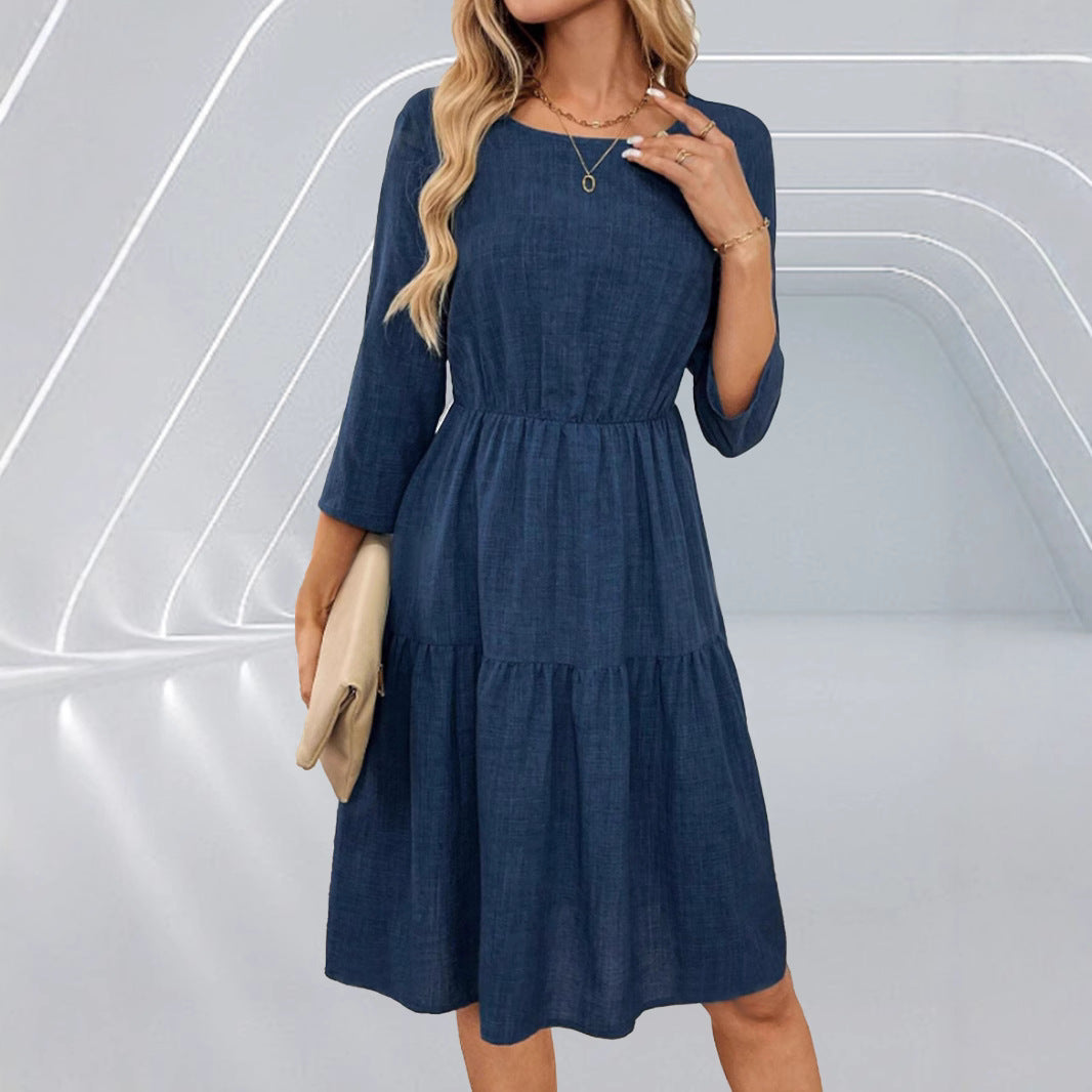 Spring Summer Women Tight Waist 3/4 Sleeve round Neck Dress