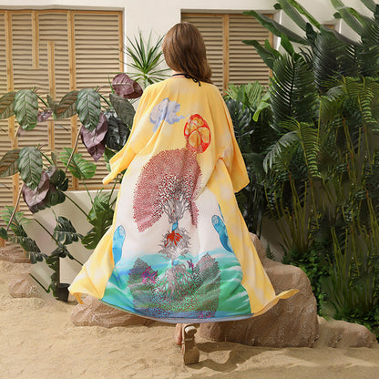 Printed Sunscreen Cardigan Women Bikini Cover up Swimsuit Blouse Vacation Beach Coat