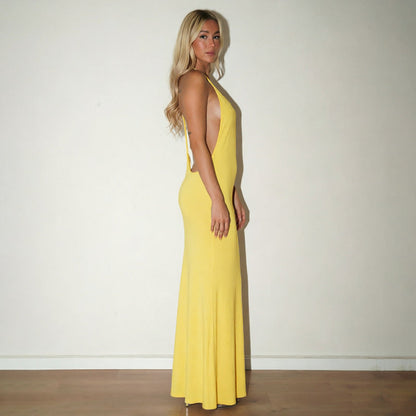 Women Clothing Autumn Solid Color Casual Sleeveless Backless Strap Slim Fishtail Maxi Dress