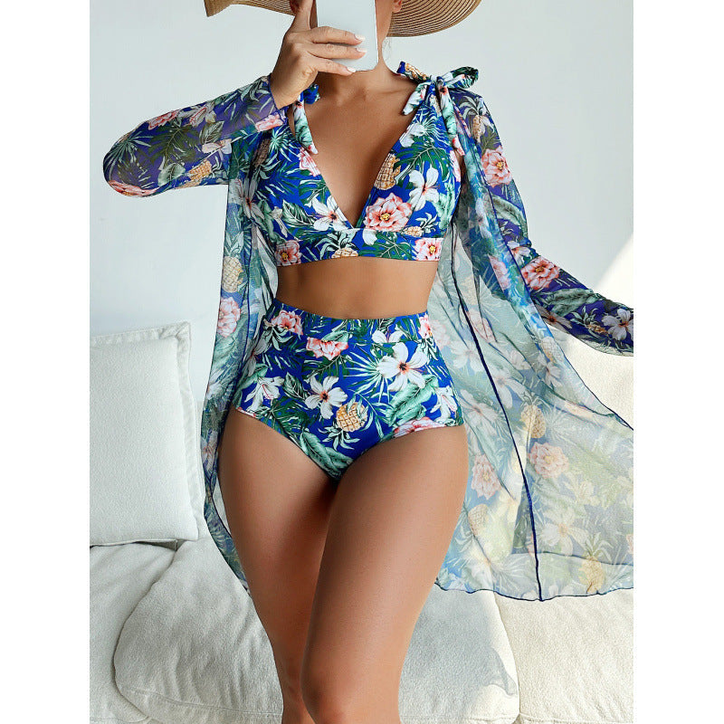 Swimwear Women Split Long Sleeved Blouse Sexy Print Bikini Swimsuit Three Piece Swimsuit