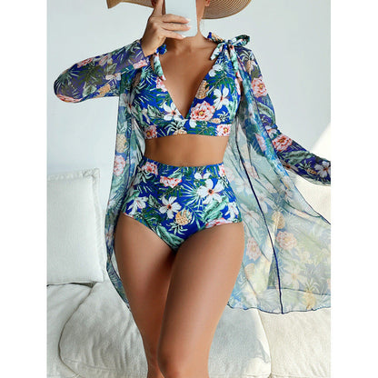 Swimwear Women Split Long Sleeved Blouse Sexy Print Bikini Swimsuit Three Piece Swimsuit
