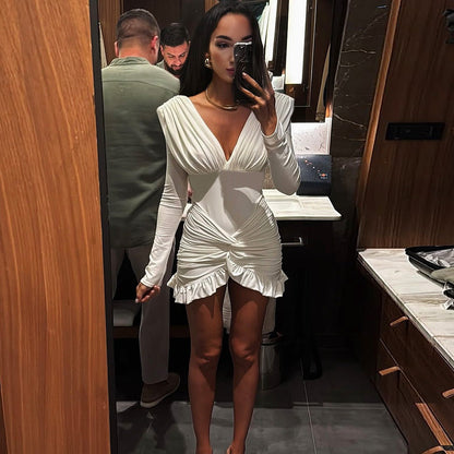 Summer Women Elegant Sexy Solid Color V neck Tight Waist Hip Pleated Long Sleeve Dress