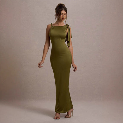 Women Wear Summer Single Shoulder Ribbon Solid Color Dress