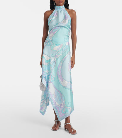Printed Satin Halter Backless Top Irregular Asymmetric Skirt Two Piece Sets