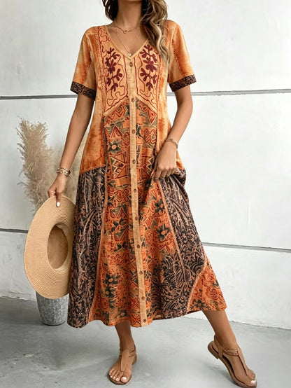 Summer Bohemian Stitching Printing Dress V neck Single Breasted A line Midi Dress