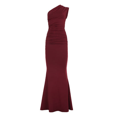 Women Elegant One Shoulder Maxi Dress Solid Color Slim Fit Socialite Cocktail Evening Dress